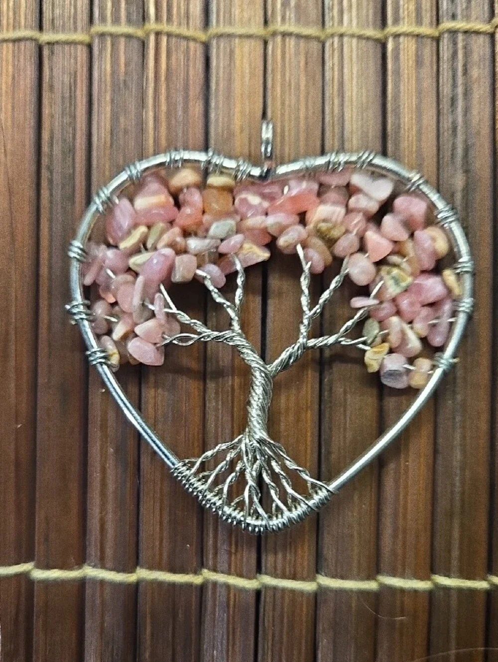 Handmade Heart Tree of Life Pendant in Pink Chip Beads